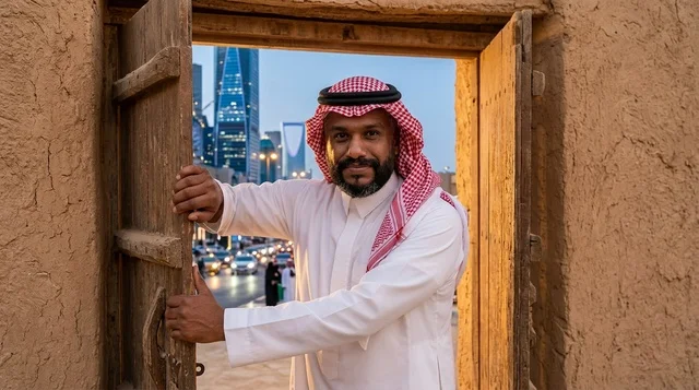 رجل سعودي يرتدي شماغ أمام باب تراثي وأفق الرياض