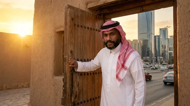 رجل سعودي عند بوابة تراثية مع أفق الرياض وقت الغروب