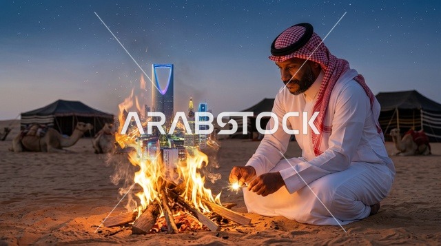 رجل سعودي يشعل النار مع مجسم أفق الرياض الرقمي بالصحراء