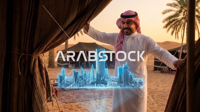 رجل سعودي يشاهد هولوجرام الرياض في الصحراء وقت الغروب