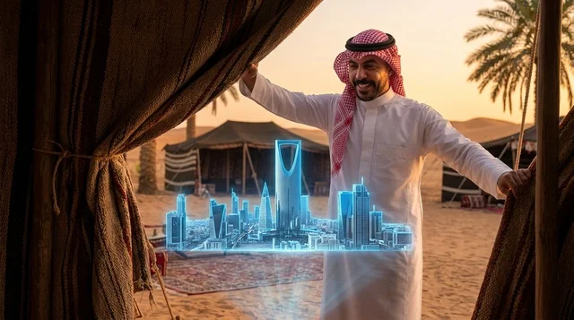 رجل سعودي يشاهد هولوجرام الرياض في الصحراء وقت الغروب