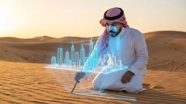 رجل سعودي يرسم مدينة هولوغرافية في الصحراء وقت الغروب