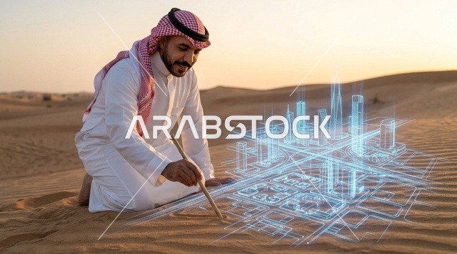 رجل سعودي يرسم مجسم هولوغرام لمدينة ذكية في الصحراء