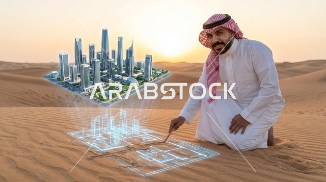 رجل سعودي يخطط لمدينة المستقبل في الصحراء بالهولوغرام