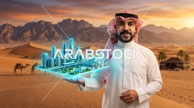 رجل سعودي يحمل مجسم مدينة المستقبل في الصحراء وقت الغروب
