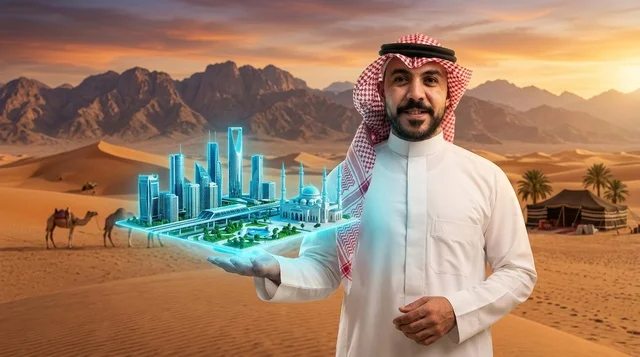 رجل سعودي يحمل مجسم مدينة المستقبل في الصحراء وقت الغروب