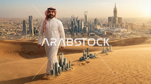 رجل سعودي يمشي في صحراء الرياض بمفهوم التطوير العمراني