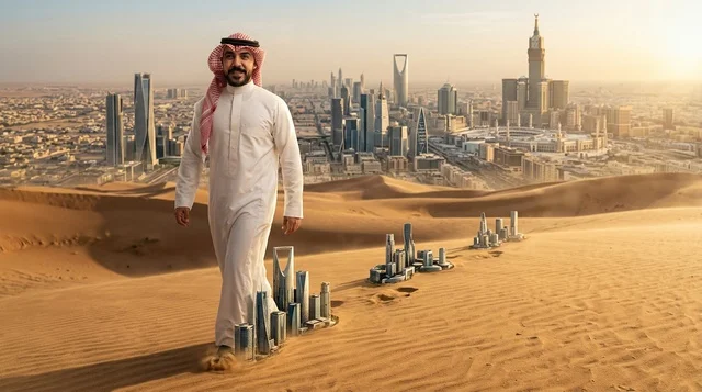 رجل سعودي يمشي في صحراء الرياض بمفهوم التطوير العمراني