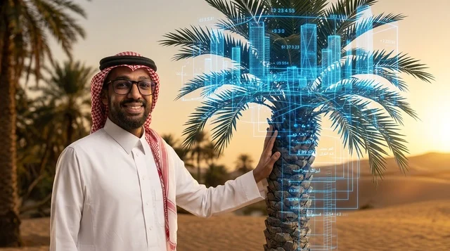 رجل سعودي مع هولوغرام لمدينة رقمية في الصحراء