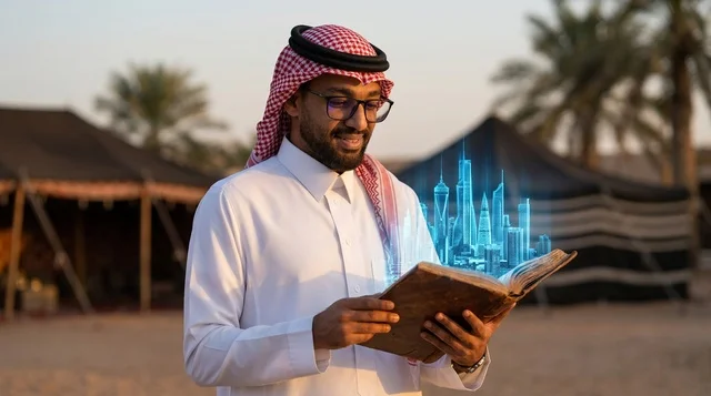 Saudi Man Holding Hologram City Book in Desert