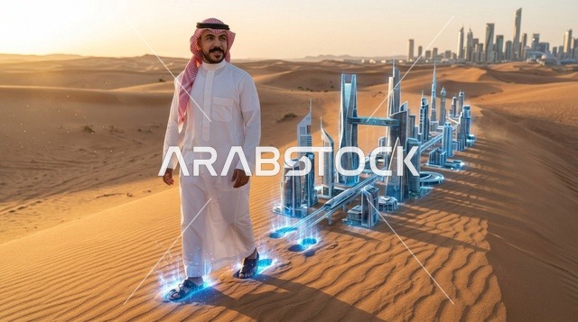 رجل سعودي في الصحراء مع مجسم مدينة هولوجرامية مستقبلية