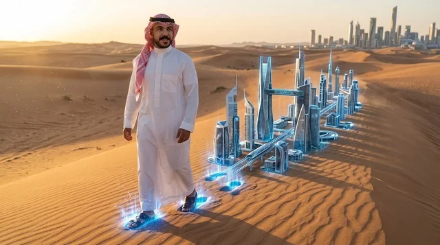 رجل سعودي في الصحراء مع مجسم مدينة هولوجرامية مستقبلية