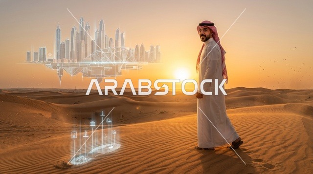 رجل عربي في الصحراء مع مجسم هولوغرام لمدينة المستقبل