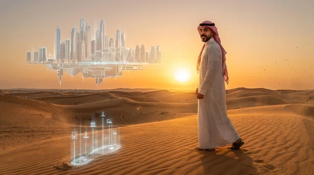 رجل عربي في الصحراء مع مجسم هولوغرام لمدينة المستقبل