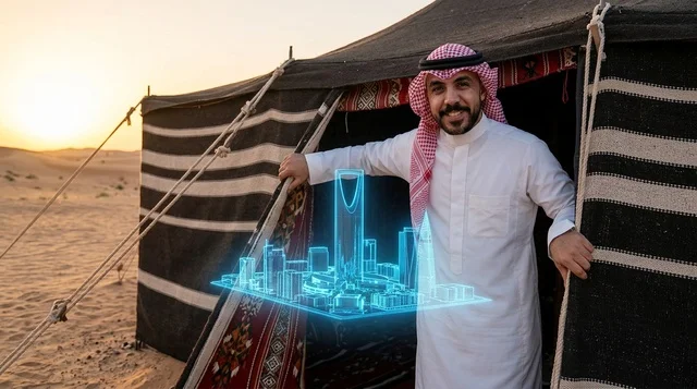 رجل سعودي يحمل مجسم هولوجرام الرياض في خيمة صحراوية