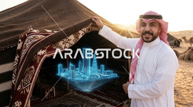 رجل سعودي يستعرض هولوغرام أفق مدينة الرياض في الصحراء