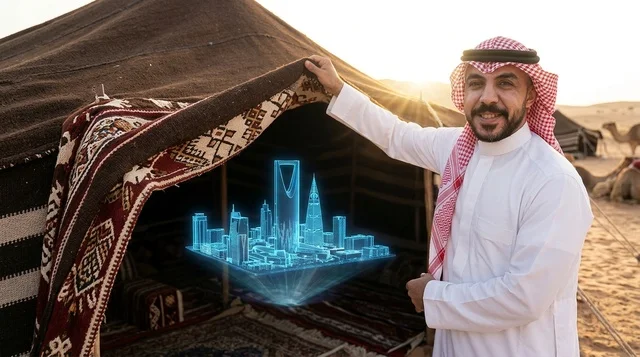 رجل سعودي يستعرض هولوغرام أفق مدينة الرياض في الصحراء