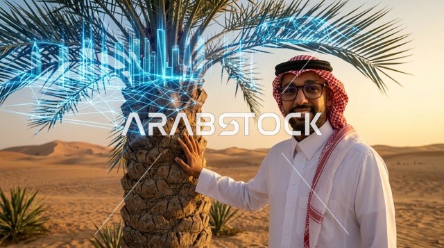 رجل سعودي مع هولوغرام مدينة مستقبلية في الصحراء