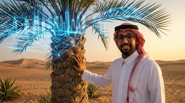 رجل سعودي مع هولوغرام مدينة مستقبلية في الصحراء