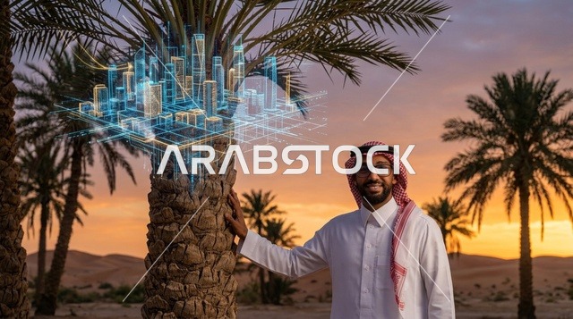 رجل سعودي مع هولوغرام مدينة مستقبلية في الصحراء وقت الغروب