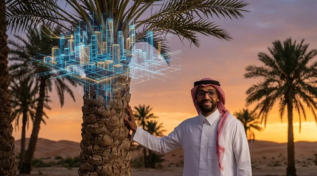 رجل سعودي مع هولوغرام مدينة مستقبلية في الصحراء وقت الغروب