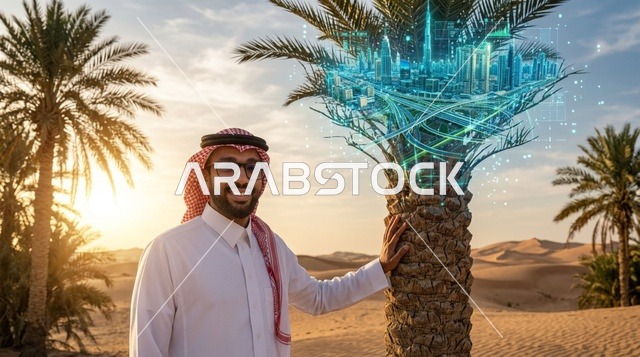 رجل سعودي في الصحراء مع مدينة هولوغرام مستقبلية