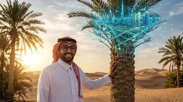رجل سعودي في الصحراء مع مدينة هولوغرام مستقبلية