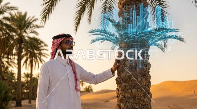 رجل سعودي يلمس جذع نخلة مع مجسم هولوغرام لمدينة ذكية