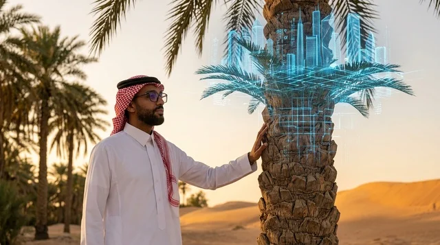 رجل سعودي يلمس جذع نخلة مع مجسم هولوغرام لمدينة ذكية