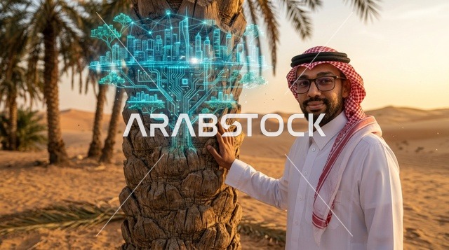 رجل سعودي في الصحراء مع هولوغرام لمدينة ذكية مستقبلية