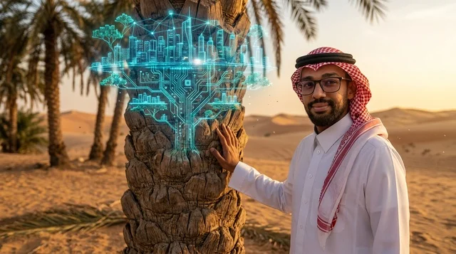رجل سعودي في الصحراء مع هولوغرام لمدينة ذكية مستقبلية