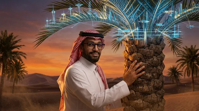 رجل سعودي مع هولوجرام لمدينة مستقبلية وقت الغروب