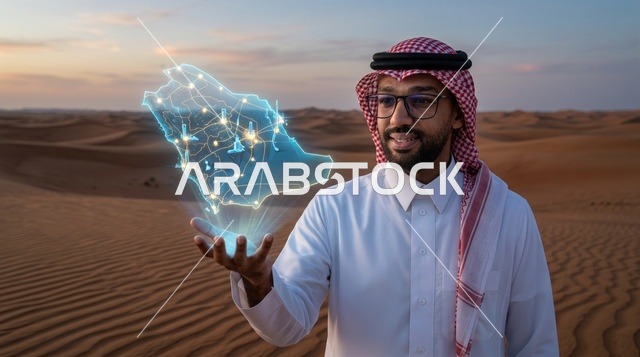 رجل سعودي يحمل خريطة هولوغرام مجسمة في الصحراء