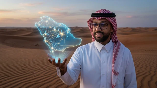 رجل سعودي يحمل خريطة هولوغرام مجسمة في الصحراء