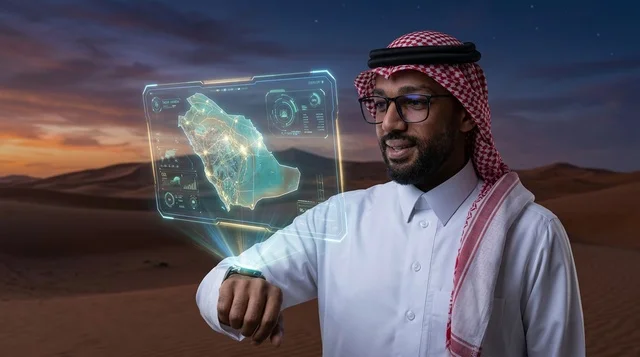 رجل سعودي ينظر إلى خريطة هولوغرامية ذكية في الصحراء
