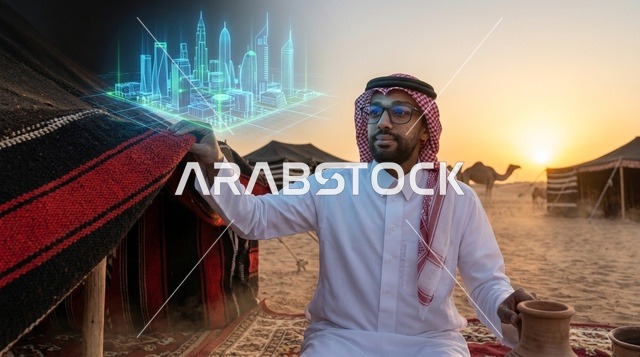 رجل سعودي في الصحراء ينظر إلى هولوجرام مدينة المستقبل