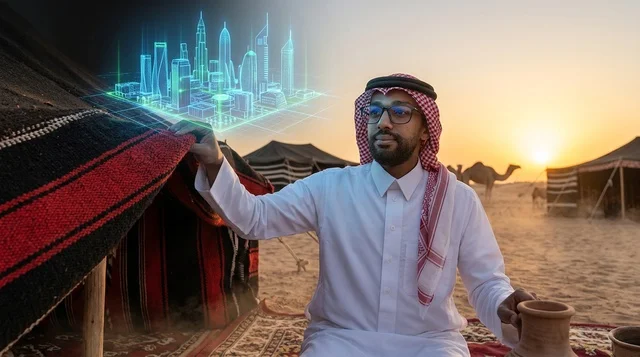 رجل سعودي في الصحراء ينظر إلى هولوجرام مدينة المستقبل