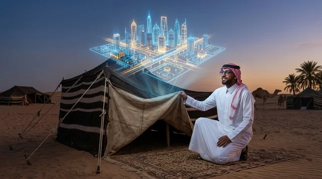 Saudi Man with Futuristic Hologram City in Desert