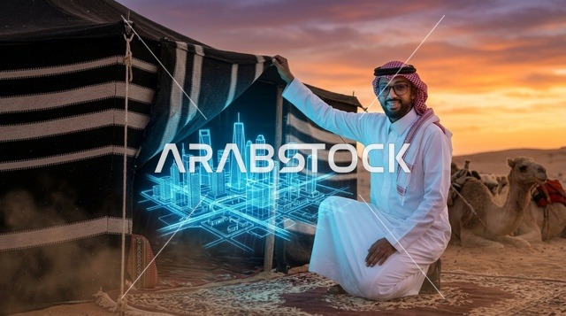 رجل سعودي في الصحراء مع مجسم هولوجرام لمدينة حديثة