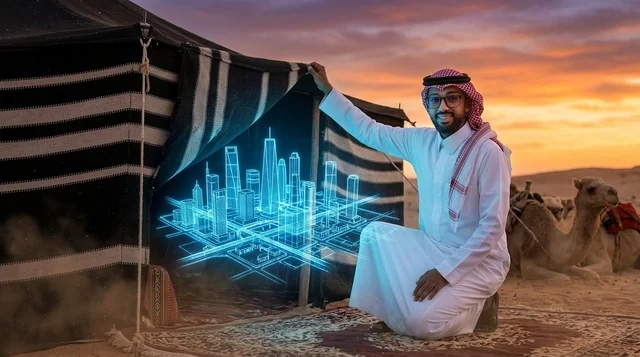 رجل سعودي في الصحراء مع مجسم هولوجرام لمدينة حديثة