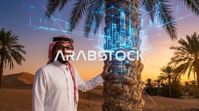 رجل سعودي في الصحراء مع هولوجرام نخلة عند الغروب
