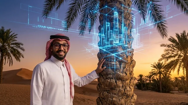 رجل سعودي في الصحراء مع هولوجرام نخلة عند الغروب