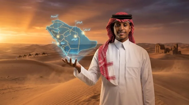 رجل سعودي يحمل خريطة هولوجرام للمملكة في الصحراء