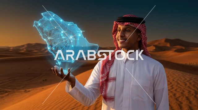 رجل سعودي يحمل خريطة هولوجرام ثلاثية الأبعاد في الصحراء