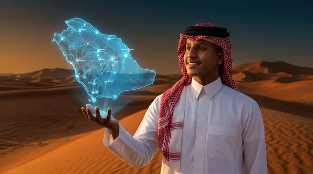 Saudi Man Holding Hologram Map of Saudi Arabia in Desert