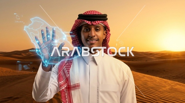رجل سعودي في الصحراء مع خريطة هولوغرامية وقت الغروب