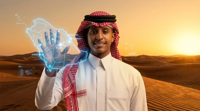 رجل سعودي في الصحراء مع خريطة هولوغرامية وقت الغروب