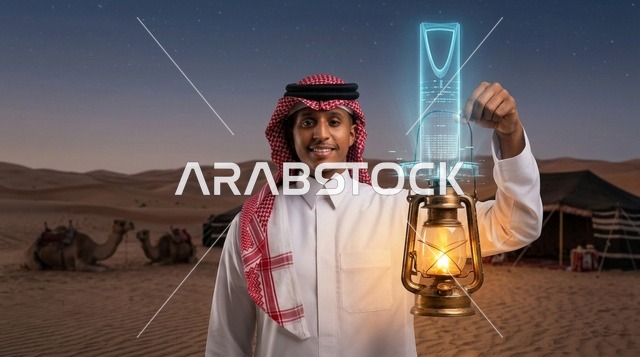 رجل سعودي في الصحراء مع فانوس هولوغرام مستقبلي