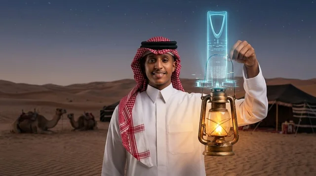 رجل سعودي في الصحراء مع فانوس هولوغرام مستقبلي