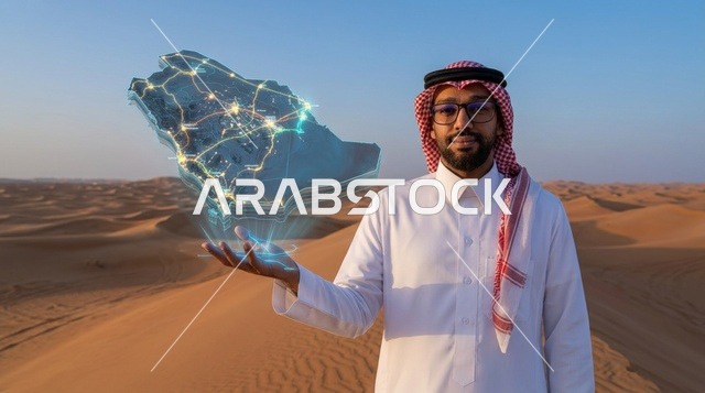 رجل سعودي يحمل خريطة هولوغرام مضيئة في الصحراء